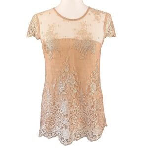 Alexis Champagne Gold Metallic Floral Lace Short Sleeve Top Scalloped Hem Size S